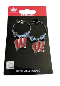 NCAA Wisconsin Badgers Logo clear Beads W Hoop Earrings - Picture 1 of 1