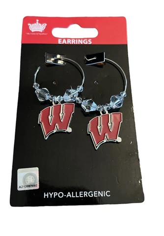 NCAA Wisconsin Badgers Logo clear Beads W Hoop Earrings Cover