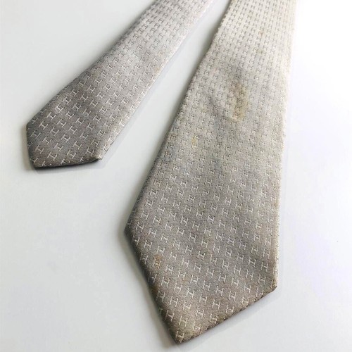 HERMÈS HERMES H Logo Stemma Modello 100% Seta Cravatta Uomo Grigio Argento Originale