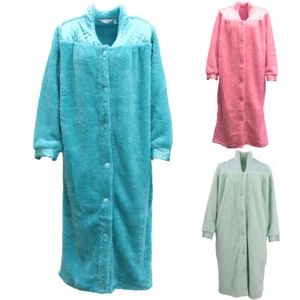 Women's Ladies Supersoft Button Up Dressing Gown Bath Robe w Quilted Panel Warm - Picture 1 of 7