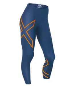 NEW || 2XU Compression Womens Mid-Rise 7/8 Tights (Dark Blue/Torch Orange) - Picture 1 of 4