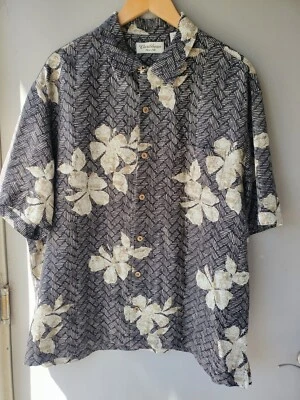 Caribbean Pure Silk Hawaiian Button Down Shirt Mens XL Black White Cream Floral - Image 1 of 4