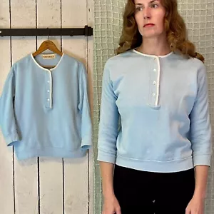 Vtg 60s Light Blue White Piping Cotton Henley Cropped Sweatshirt by Thermo-Jac L - Picture 1 of 16