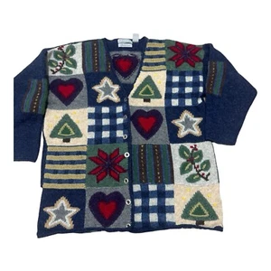 Vintage 90s Northern Isles Winter Or Christmas Patchwork Cardigan Pullover XL - Bild 1 von 8