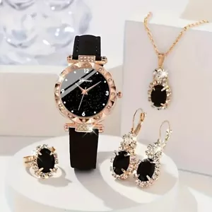Elegante conjunto de joyas de moda de 5 piezas - reloj de cuarzo con estrás con correa de cuero sintético - Imagen 1 de 3