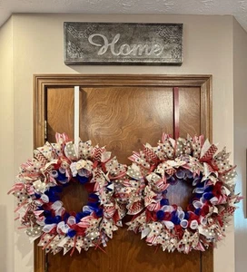 💙SET OF 2 FOURTH OF JULY HANDMADE CURLY DECO MESH WREATHS! FOR DOUBLE DOORS ❤️ - Picture 1 of 18