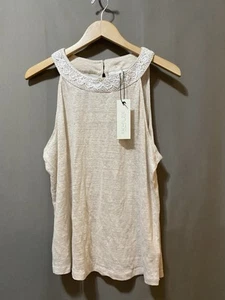 Nuevo con etiquetas Top Rachel Zoe Mujer Sin Mangas Crochet Halter Cuello 100% Lino Talla L Beige - Imagen 1 de 10