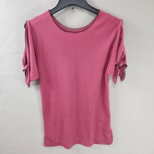 Pink Scalloped Trim Bow Sleeve Top Retro Coquette Cold Shoulder - One Size - Picture 1 of 8
