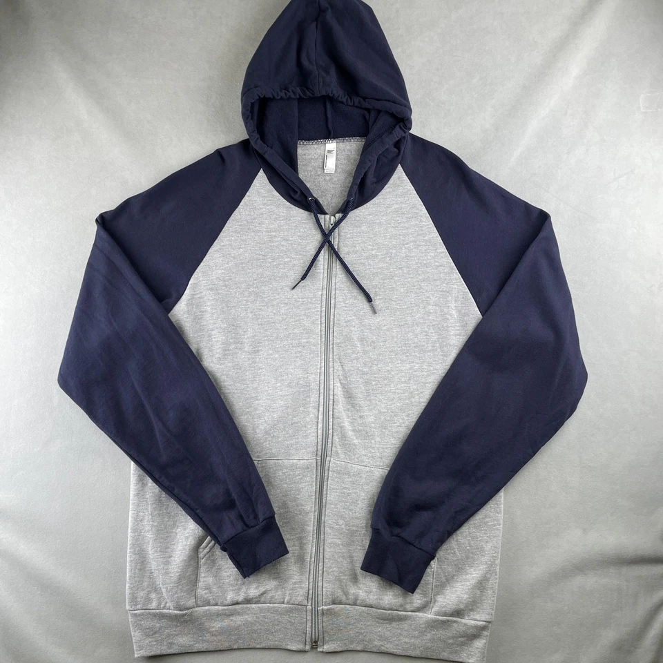 Sudadera con Capucha American Apparel Para Hombres L Gris Jaspeado Azul Marino Raglán Cremallera Completa Hecha en EE. UU. Rara Foto 1 de 4
