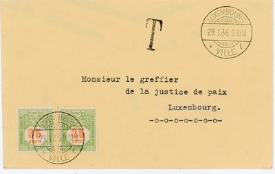 Luxembourg POSTAGE DUE-Sc#J15(x2)-LUXEMBOURG `VILLE` 29/1/36-UNPAID -BACKSTAMPED - Image 1 of 2