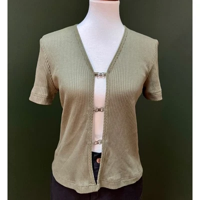 Vintage Debra Martin Olive Green Ribbed Knit Short Sleeve Hook Front Top Size 8 - Image 1 of 4