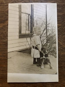 RPPC Adorable Little Boy w/ Dog On Porch Real Photo Postcard - Picture 1 of 4