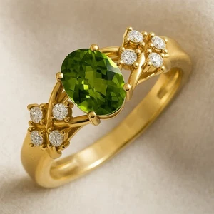 Elegant Oval Peridot & Diamond Ring 14k Solid Gold – August Birthstone # 1058 - Picture 1 of 19