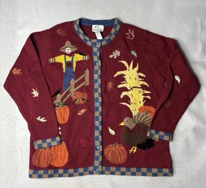 VTG Quacker Factory Womens 1X Fall Cardigan Sweater Scarecrow Turkey Pumpkins - Picture 1 of 7
