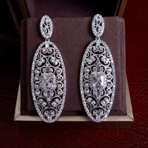 18k White Gold Filled Long Earrings made w Swarovski Crystal Stone Bridal Jewel - Picture 1 of 9