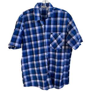 Carrel Shirt Mens 40 Blue White Plaid Short Sleeve Collared Button Up Polyester
