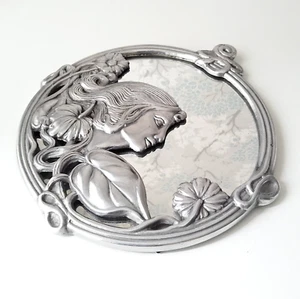 Art Nouveau Inspired Lady Profile 3d Pewter? Round Wall Mirror - Picture 1 of 10