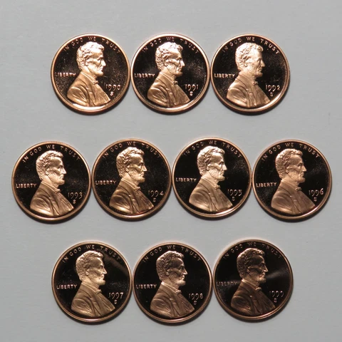 1990-1999 Proof Lincoln Memorial Cents - 10 Coin Run - 1990s Penny Decade Set Cover