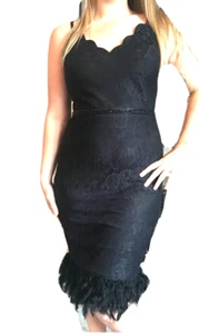 Lipsy Feather Hem Black Bodycon Dress 16 Wedding Embellished Abbey Clancy Lace - Picture 1 of 21