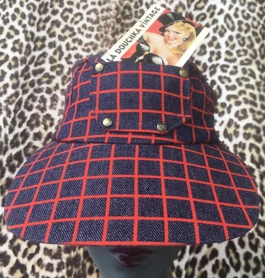 FRENCH 1960s UNISEX CAP HAT & FRONT POCKET~BLUE/RED DENIM~MADE IN FRANCE~NEW~S/M - Image 1 of 4