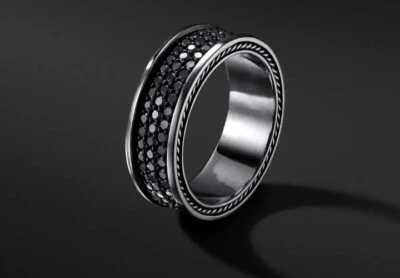 Anillo de mujer David Yurman de plata de ley tres filas de pavé de diamantes negros Foto 1 de 4