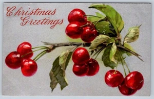 Christmas Greetings, Cherries, Antique Embossed Greeting Postcard - Bild 1 von 2