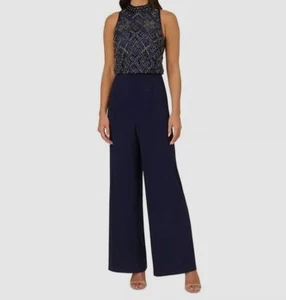 Adrianna Papell Women's Blue Beaded Blouson Wide-Leg Jumpsuit Petite Size 2P - Picture 1 of 2