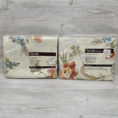 Vintage JCPenny Percale Permanent Press Twin Flat Fitted Sheet Set Mystic Harbor - Image 1 of 4