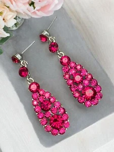 Boho Drop Dangle Deep Cherry Pink Party Crystal Pierced Earrings 2” - Picture 1 of 8