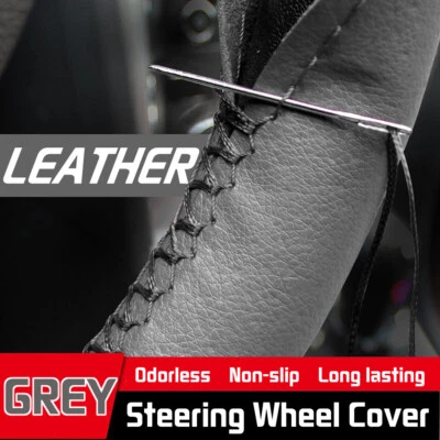 38cm Gray Car Hand Sew Steering Wheel Cover GENUINE UF Leather Non Slip Mat DIY - Image 1 of 4