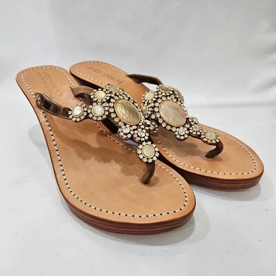 Sandalias de cuña Mystique para mujer madreperla joya de cuero 8 marrones adornadas Foto 1 de 4