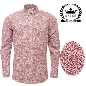 Camisa Relco Para Hombre Roja Borgoña Floral Manga Larga Cuello Abotonado - Imagen 1 de 3