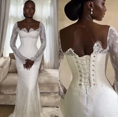 Elegantes vestidos de noiva africanos de renda sereia mangas compridas espartilho com cadarço fino - Imagem 1 de 4