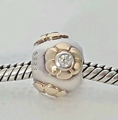 Genuine Pandora Bracelet Charm - Silver & 14k Gold Raised Two Toned Flower S925  - Image 1 of 4
