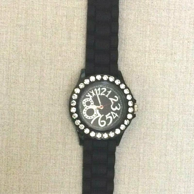 Geneva Women's Crystal Designer Watch Round Black Dial Black Silicone Band New! - Image 1 of 2