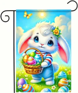 NEW Happy Easter Garden Flag 12x18 Holiday Bunny with Basket & Eggs decor - Picture 1 of 4