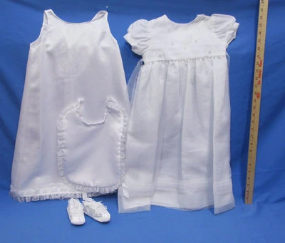 Vestido de batizado 12 meses meninas aniversário florista branca 2 peças sapatos e babador - Imagem 1 de 4