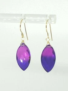 14k Yellow Gold Pink Purple Tourmaline Quartz Marquise Briolette Dangle Earrings - Picture 1 of 4