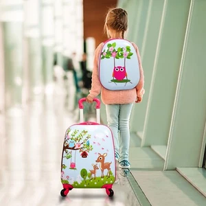2PC Kids Luggage Set 12"+16" Spinner w/4D Wheels Lt Blue Animal Print 3-8Y - Picture 1 of 13