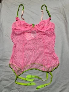 Mimi Holiday Bra Top With Suspenders Pink Lace Green Trims Small S - Picture 1 of 9