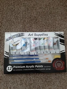 PREMIUM Acrylic Paint Set - Set of 12 Tubes, 12 Colors, 12ml Each  3 brushes new - Picture 1 of 7