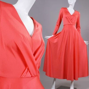 S Vintage 1970s Watermelon Pink Silky Maxi Dress Cocktail Party Long Sleeve 70s - Picture 1 of 13