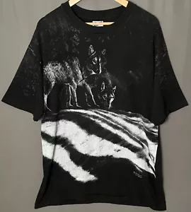 Vintage 1992 Harlequin Wolf Animal AOP Black T-shirt XL - Picture 1 of 5