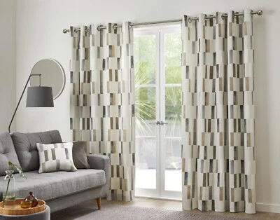 Fusion Oakland Block Print 100% Cotton Eyelet Fully Lined Curtains Pair Natural - Image 1 of 4