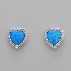 Blue Heart FIRE OPAL Post Earrings with CZs - 925 STERLING SILVER Rhodium #687e - Picture 1 of 9