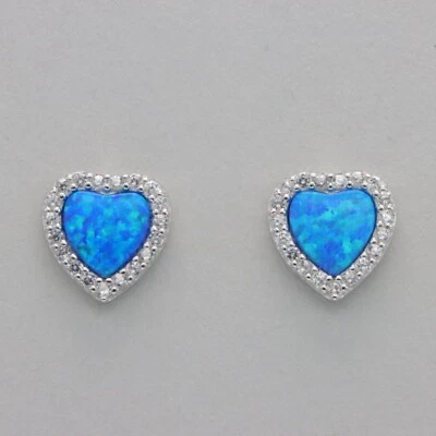 Pendientes de poste de ópalo de fuego corazón azul con circonitas - PLATA ESTERLINA 925 rodio #687e Foto 1 de 4
