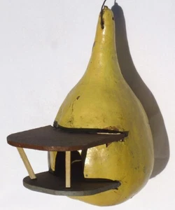Nicely painted YELLOW Folk Art birdhouse of wood set in a gourd. BROWN ROOF. - Picture 1 of 7
