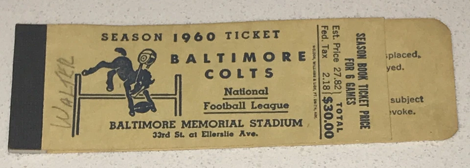 Boleto de temporada 1960 Baltimore Colts talón libro vacío folleto cubierta Johnny Unitas Foto 1 de 3