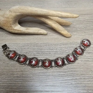 RARE 1940s Norwegian Red Enamel & Silver Lion Bracelet OHR 830 Silver Norway - Picture 1 of 8