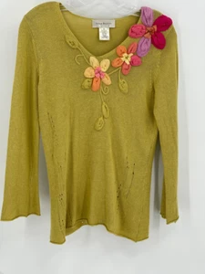 Vintage Susan Bristol Sweater Long Sleeve Women Medium Floral Appliqué Green - Picture 1 of 12